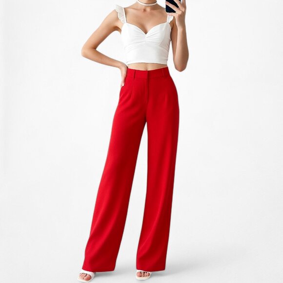 Zara Red High Waisted Straight Wide Leg Dress Pants Trousers Size XS - Picture 2 of 7